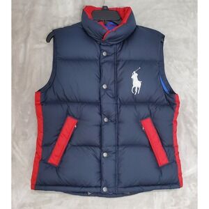 Ralph Lauren Down Puffer Vest Adult L Big Pony Blue & Red Zip Pockets Outdoors